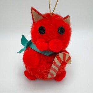 Retro Kitsch Pom Pom Cat Christmas Ornament Yarn/Chenille Handmade Look